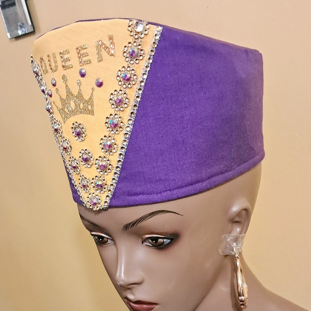 NEW HANDMADE AFRICAN KUFA STYLE ROYAL Purple & Gold  QUEEN HAT 5" H X 22.5"